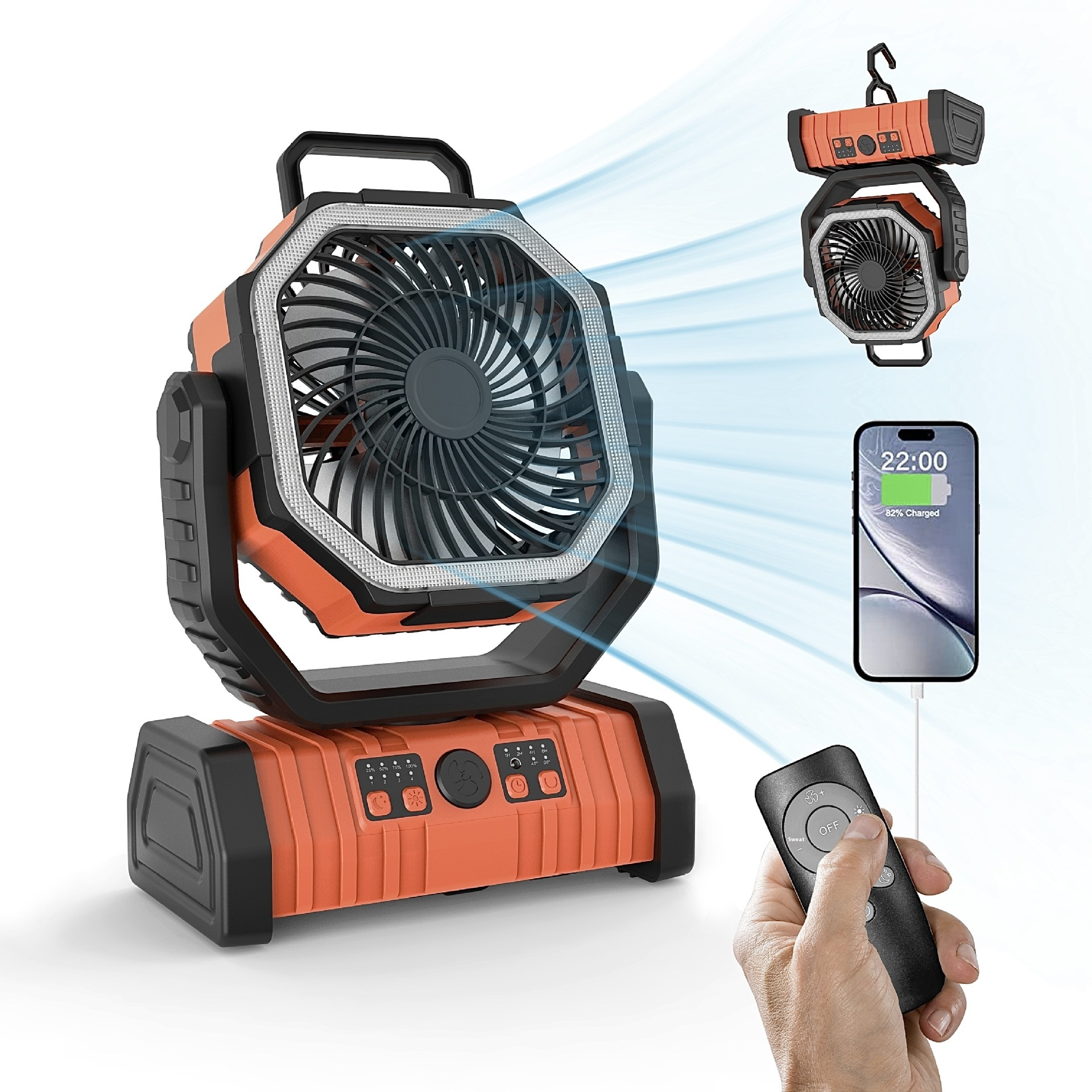 Portable Camping Fan with LED Light & Power Bank – 10000mAh or 20000mAh, 3-Speed