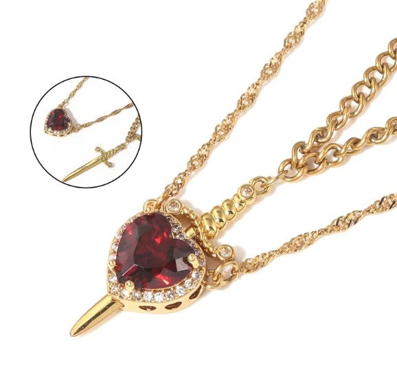 Love Dagger Couple Necklace – Stainless Steel, Heart & Dagger Pendant, Adjustable 45–50cm