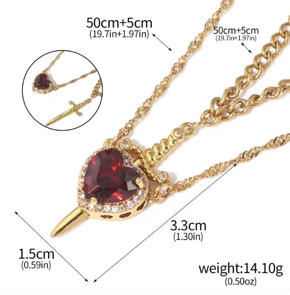 Love Dagger Couple Necklace – Stainless Steel, Heart & Dagger Pendant, Adjustable 45–50cm