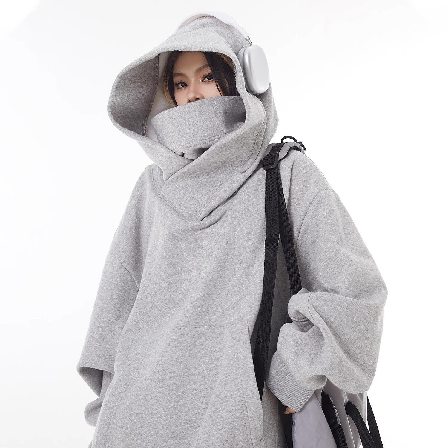 Fleece-Lined High Collar Hoodie – Loose Fit, Polyester, Sizes M–3XL, Multiple Colors