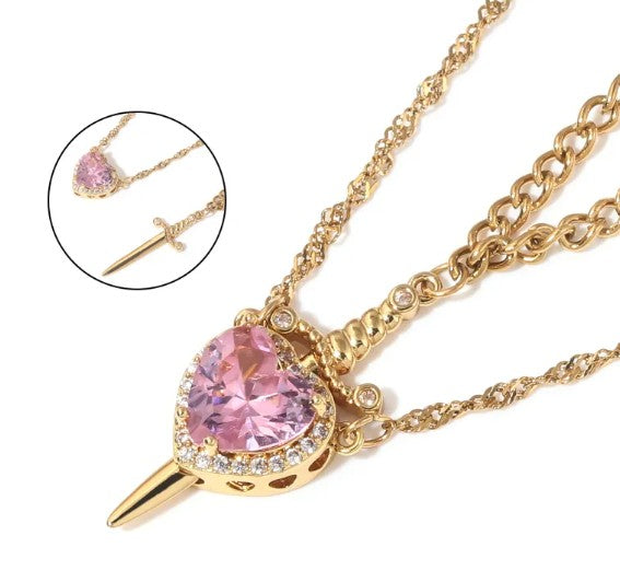 Love Dagger Couple Necklace – Stainless Steel, Heart & Dagger Pendant, Adjustable 45–50cm
