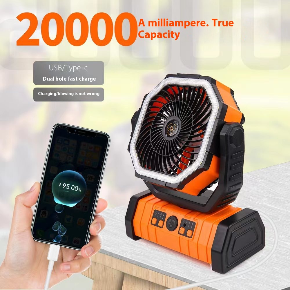 Portable Camping Fan with LED Light & Power Bank – 10000mAh or 20000mAh, 3-Speed