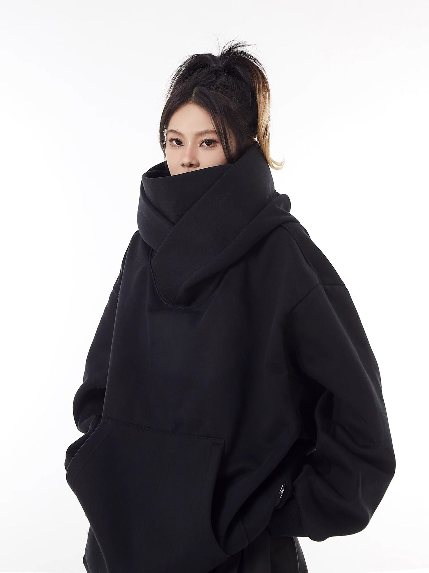 Fleece-Lined High Collar Hoodie – Loose Fit, Polyester, Sizes M–3XL, Multiple Colors
