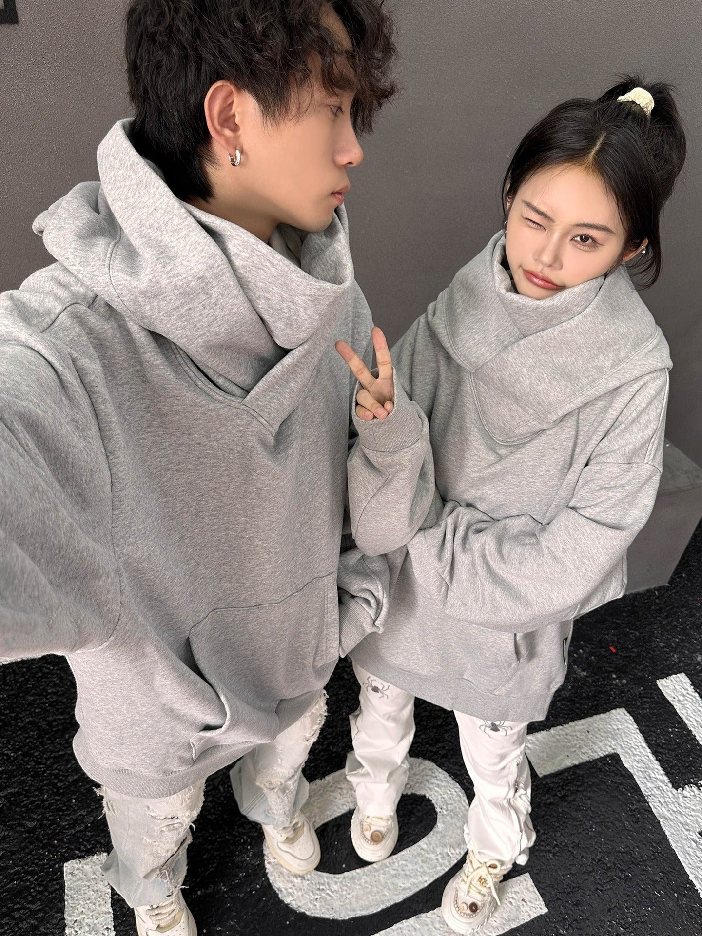 Fleece-Lined High Collar Hoodie – Loose Fit, Polyester, Sizes M–3XL, Multiple Colors