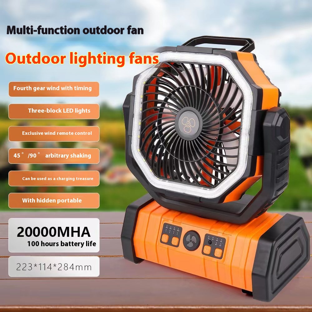Portable Camping Fan with LED Light & Power Bank – 10000mAh or 20000mAh, 3-Speed