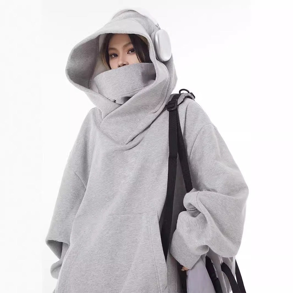 Fleece-Lined High Collar Hoodie – Loose Fit, Polyester, Sizes M–3XL, Multiple Colors