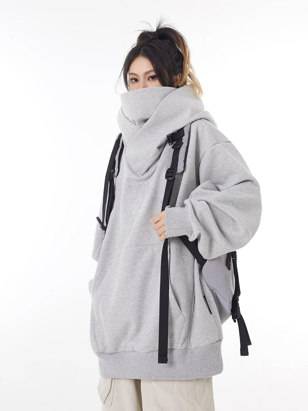 Fleece-Lined High Collar Hoodie – Loose Fit, Polyester, Sizes M–3XL, Multiple Colors