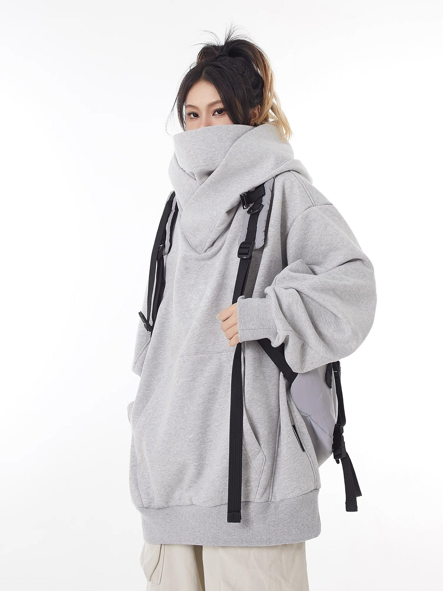 Fleece-Lined High Collar Hoodie – Loose Fit, Polyester, Sizes M–3XL, Multiple Colors
