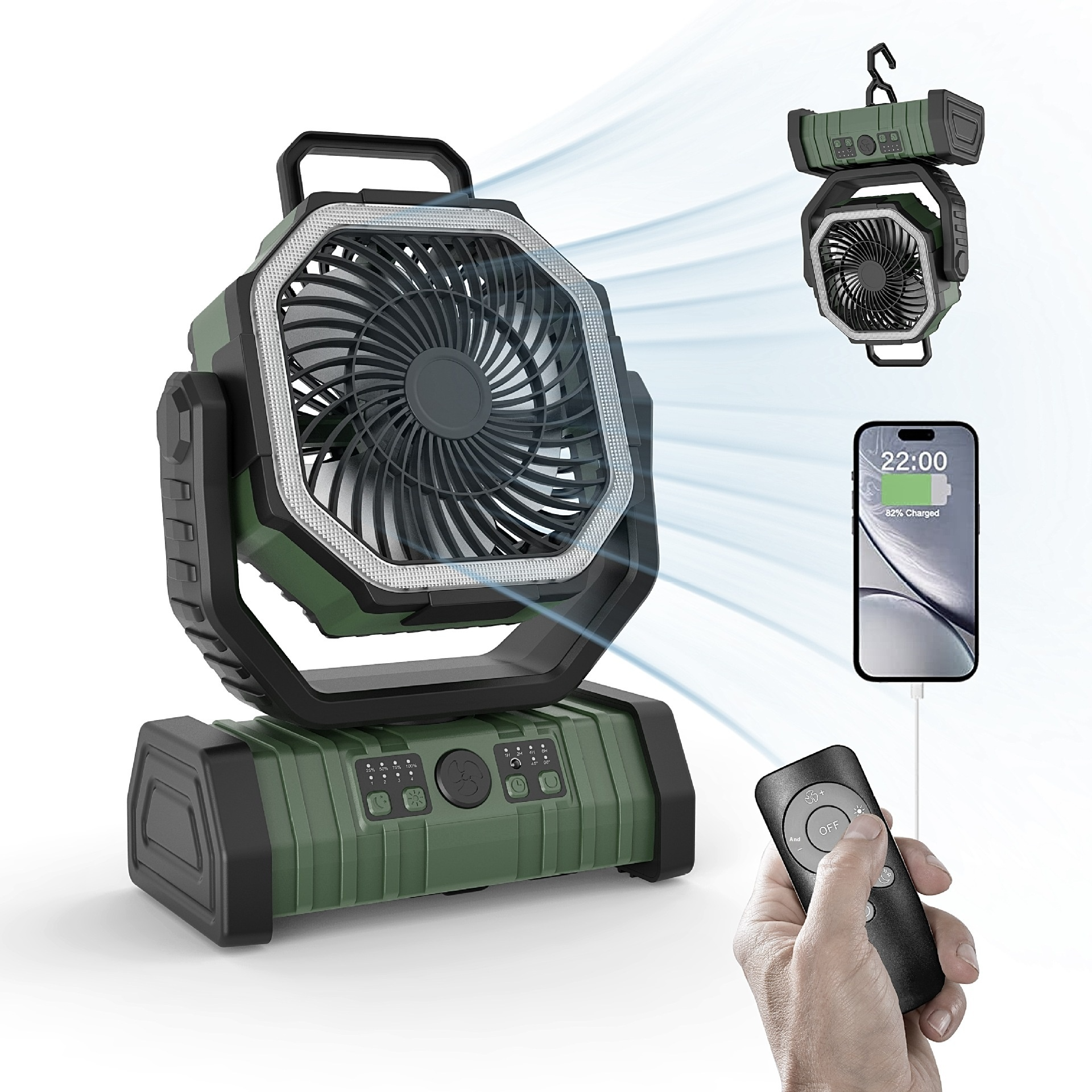 Portable Camping Fan with LED Light & Power Bank – 10000mAh or 20000mAh, 3-Speed