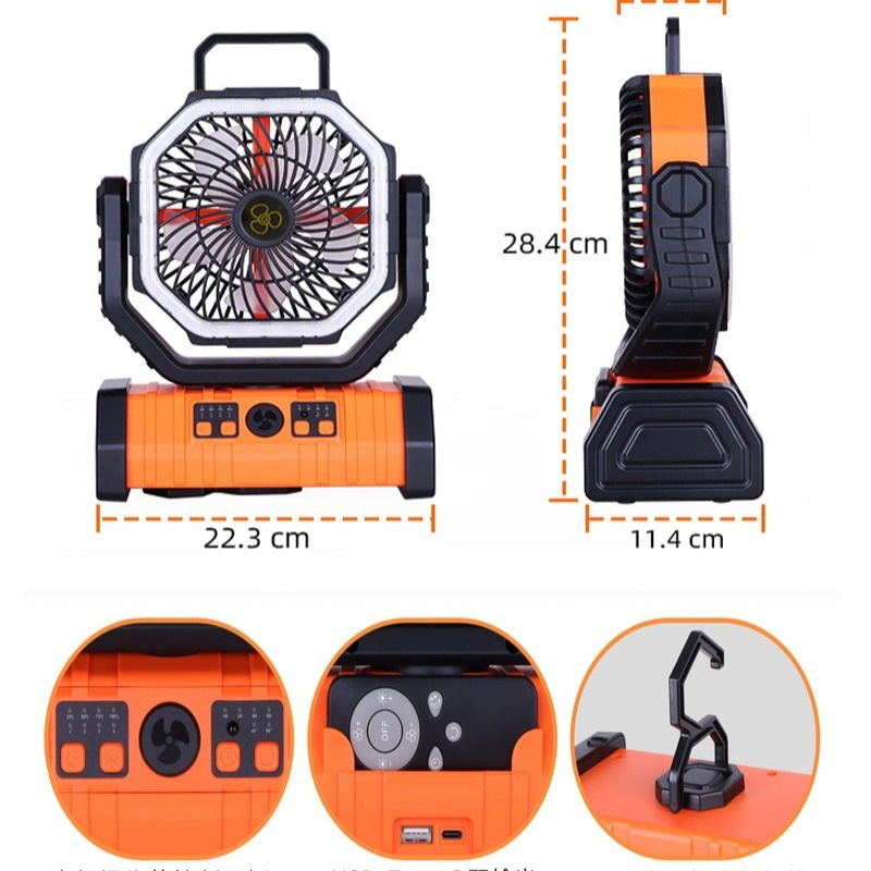 Portable Camping Fan with LED Light & Power Bank – 10000mAh or 20000mAh, 3-Speed