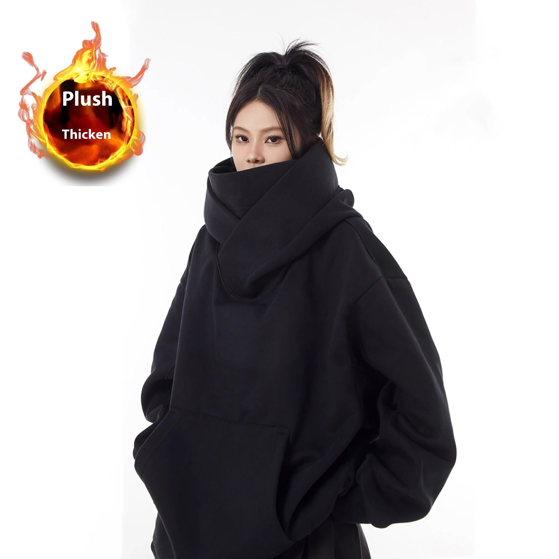 Fleece-Lined High Collar Hoodie – Loose Fit, Polyester, Sizes M–3XL, Multiple Colors