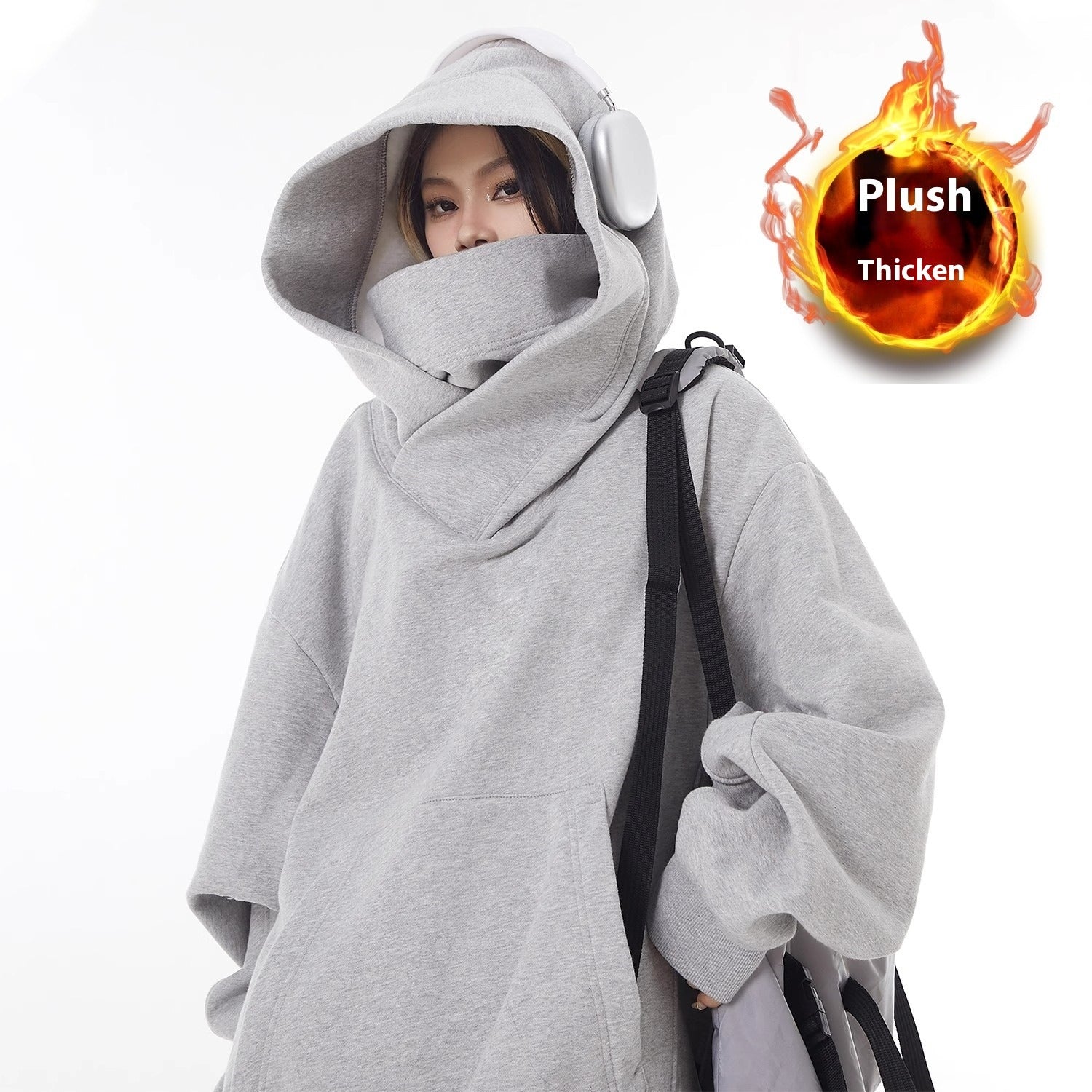 Fleece-Lined High Collar Hoodie – Loose Fit, Polyester, Sizes M–3XL, Multiple Colors
