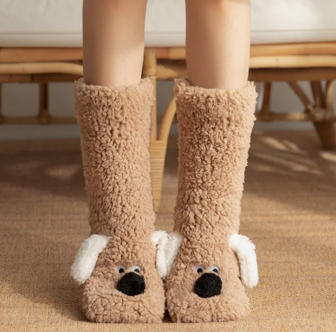 Women's Plush Dog Socks – Non-Slip, Warm Winter Floor Socks, 6 Styles